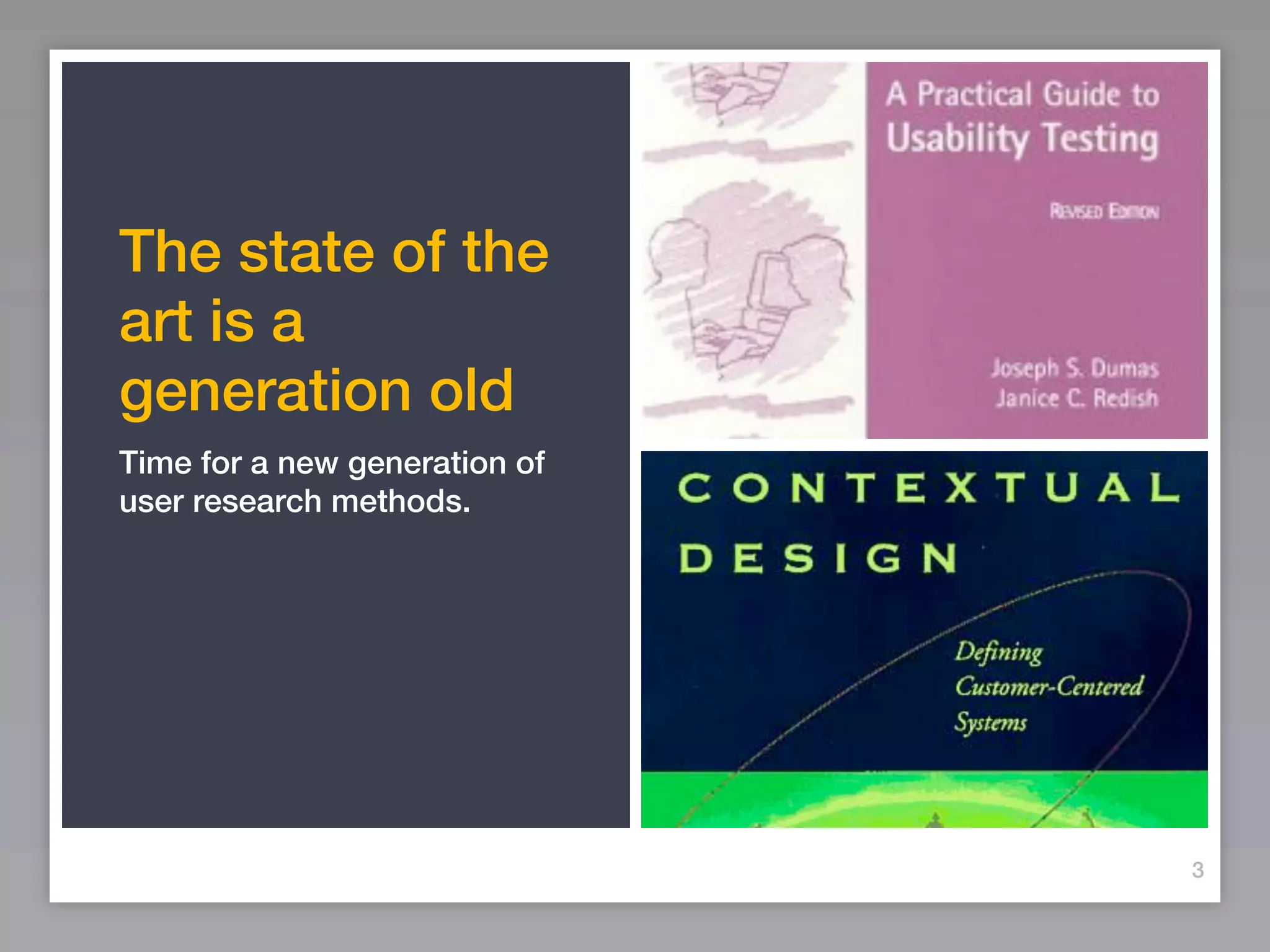 The state of the
art is a
generation old
Time for a new generation of
user research methods.




                               3
 