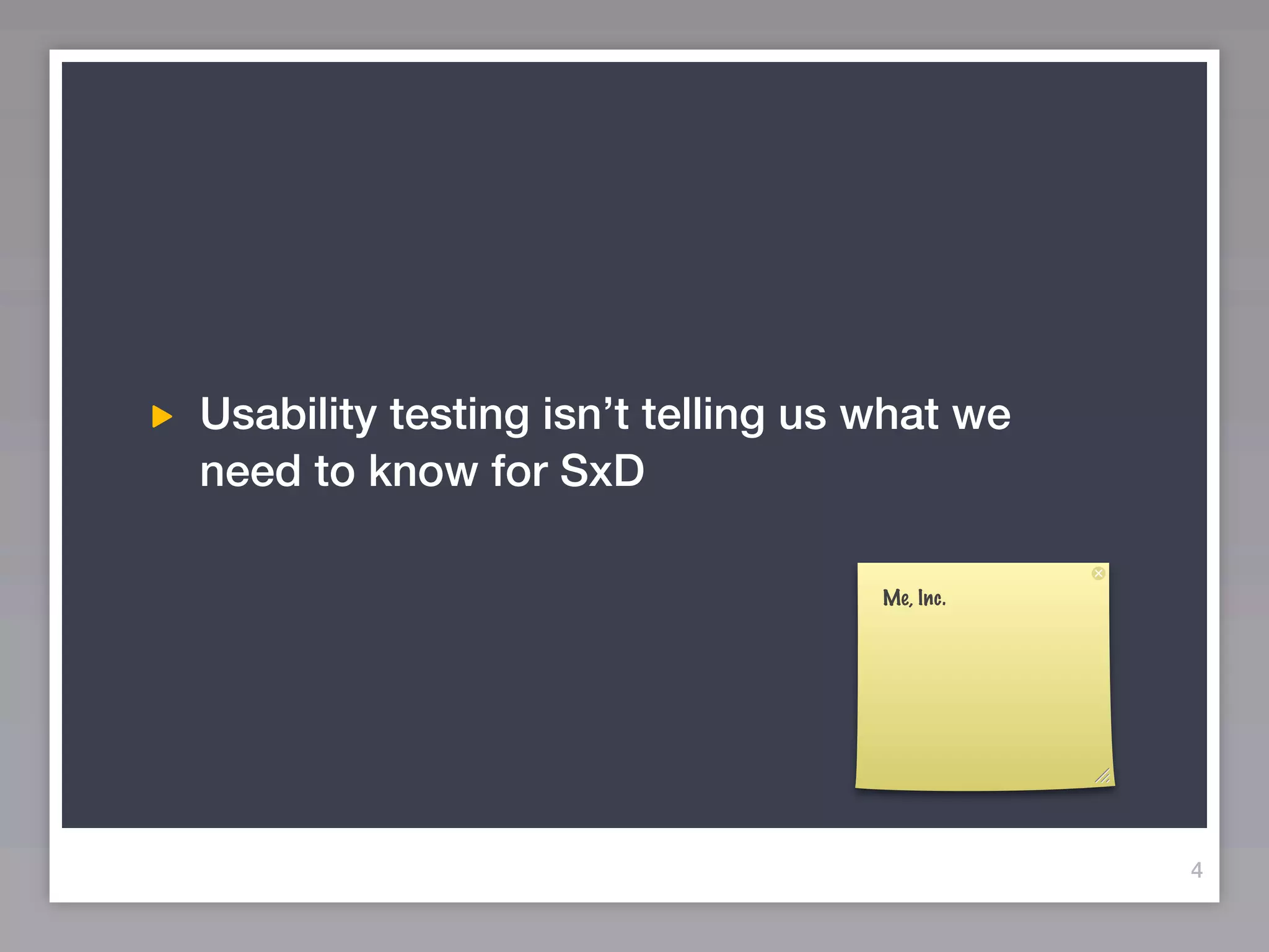 Usability testing isn’t telling us what we
need to know for SxD

                                   Me, Inc.




                                              4
 