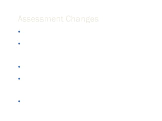 Assessment Changes Formative Assessment Reflective Opportunities, Metacognition Project and Performance Based Increased Opportunities for Feedback Window into Process 