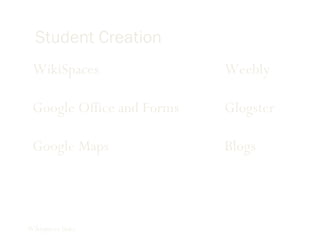 Student Creation  WikiSpaces Weebly Google Office and Forms Glogster Google Maps Blogs Wikispaces links 