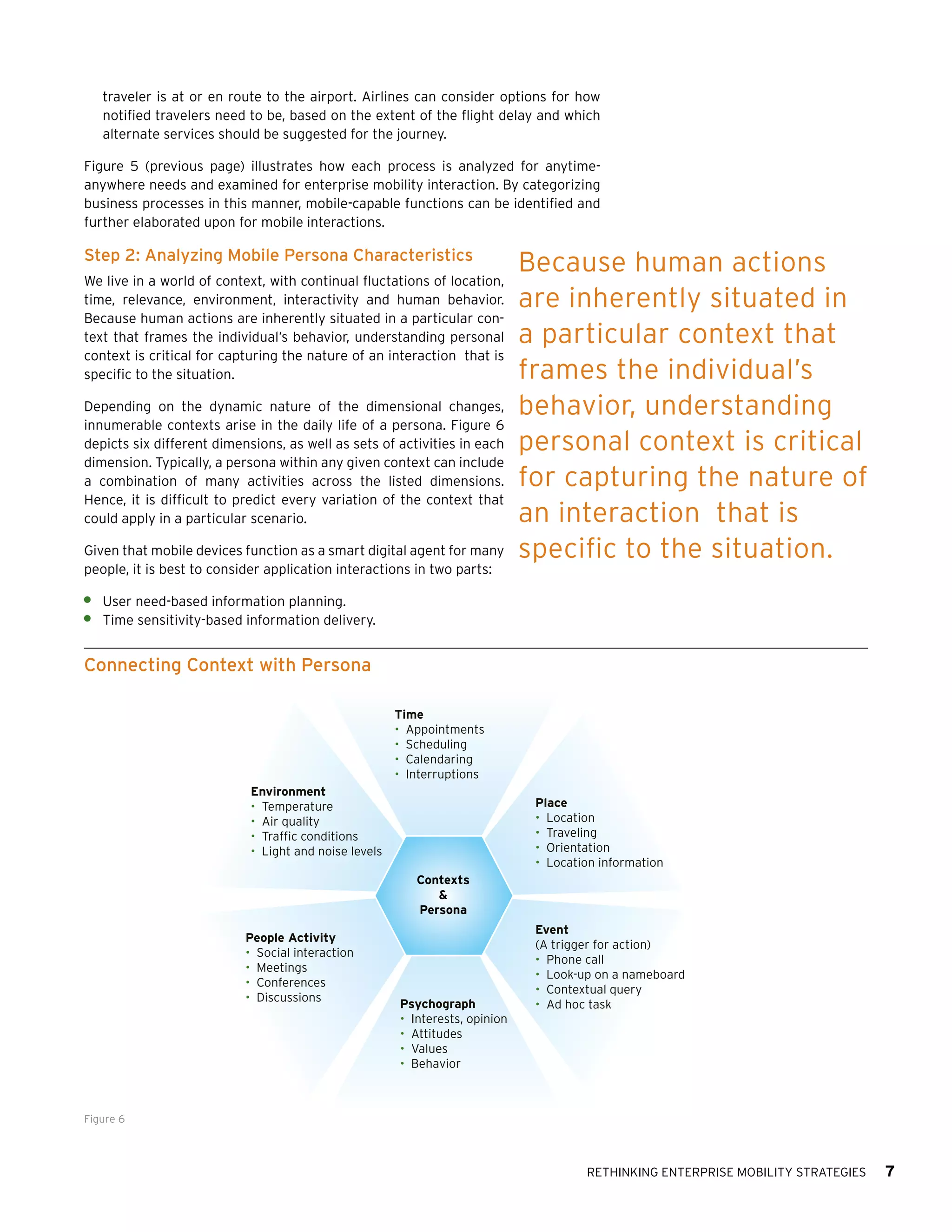 traveler is at or en route to the airport. Airlines can consider options for how
notified travelers need to be, based on the extent of the flight delay and which
alternate services should be suggested for the journey.
Figure 5 (previous page) illustrates how each process is analyzed for anytimeanywhere needs and examined for enterprise mobility interaction. By categorizing
business processes in this manner, mobile-capable functions can be identified and
further elaborated upon for mobile interactions.

Step 2: Analyzing Mobile Persona Characteristics
We live in a world of context, with continual fluctations of location,
time, relevance, environment, interactivity and human behavior.
Because human actions are inherently situated in a particular context that frames the individual’s behavior, understanding personal
context is critical for capturing the nature of an interaction that is
specific to the situation.
Depending on the dynamic nature of the dimensional changes,
innumerable contexts arise in the daily life of a persona. Figure 6
depicts six different dimensions, as well as sets of activities in each
dimension. Typically, a persona within any given context can include
a combination of many activities across the listed dimensions.
Hence, it is difficult to predict every variation of the context that
could apply in a particular scenario.
Given that mobile devices function as a smart digital agent for many
people, it is best to consider application interactions in two parts:

Because human actions
are inherently situated in
a particular context that
frames the individual’s
behavior, understanding
personal context is critical
for capturing the nature of
an interaction that is
specific to the situation.

	 User need-based information planning.
	 Time sensitivity-based information delivery.

Connecting Context with Persona
Time
• Appointments
• Scheduling
• Calendaring
• Interruptions
Environment
• Temperature
• Air quality
• Traffic conditions
• Light and noise levels

Place
• Location
• Traveling
• Orientation
• Location information
Contexts
&
Persona

People Activity
• Social interaction
• Meetings
• Conferences
• Discussions

Psychograph
• Interests, opinion
• Attitudes
• Values
• Behavior

Event
(A trigger for action)
• Phone call
• Look-up on a nameboard
• Contextual query
• Ad hoc task

Figure 6

Rethinking Enterprise Mobility Strategies

7

 