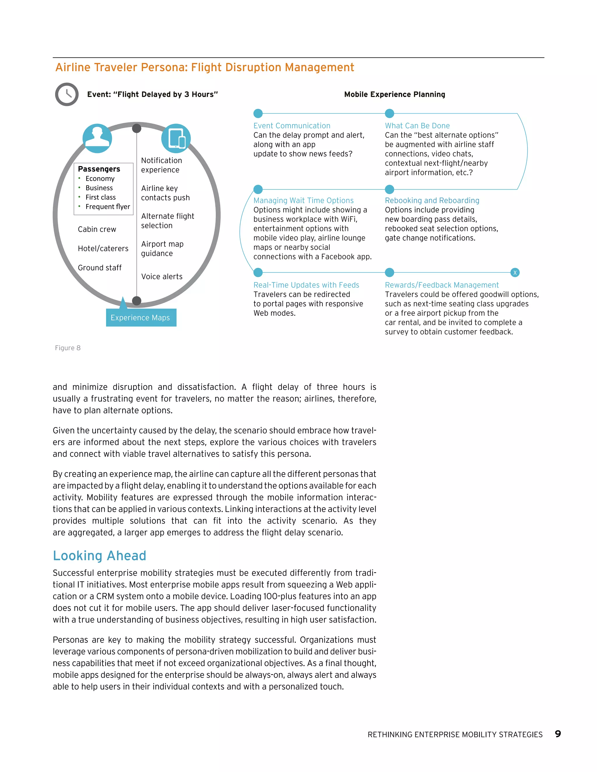 Airline Traveler Persona: Flight Disruption Management
Event: “Flight Delayed by 3 Hours”

Passengers
• Economy
• Business
• First class
• Frequent ﬂyer
Cabin crew
Hotel/caterers

Notification
experience
Airline key
contacts push
Alternate flight
selection
Airport map
guidance

Mobile Experience Planning

Event Communication
Can the delay prompt and alert,
along with an app
update to show news feeds?

What Can Be Done
Can the “best alternate options”
be augmented with airline staff
connections, video chats,
contextual next-flight/nearby
airport information, etc.?

Managing Wait Time Options
Options might include showing a
business workplace with WiFi,
entertainment options with
mobile video play, airline lounge
maps or nearby social
connections with a Facebook app.

Rebooking and Reboarding
Options include providing
new boarding pass details,
rebooked seat selection options,
gate change notifications.

Real-Time Updates with Feeds
Travelers can be redirected
to portal pages with responsive
Web modes.

Rewards/Feedback Management
Travelers could be offered goodwill options,
such as next-time seating class upgrades
or a free airport pickup from the
car rental, and be invited to complete a
survey to obtain customer feedback.

Ground staff
Voice alerts

Experience Maps

x

Figure 8

and minimize disruption and dissatisfaction. A flight delay of three hours is
usually a frustrating event for travelers, no matter the reason; airlines, therefore,
have to plan alternate options.
Given the uncertainty caused by the delay, the scenario should embrace how travelers are informed about the next steps, explore the various choices with travelers
and connect with viable travel alternatives to satisfy this persona.
By creating an experience map, the airline can capture all the different personas that
are impacted by a flight delay, enabling it to understand the options available for each
activity. Mobility features are expressed through the mobile information interactions that can be applied in various contexts. Linking interactions at the activity level
provides multiple solutions that can fit into the activity scenario. As they
are aggregated, a larger app emerges to address the flight delay scenario.

Looking Ahead
Successful enterprise mobility strategies must be executed differently from traditional IT initiatives. Most enterprise mobile apps result from squeezing a Web application or a CRM system onto a mobile device. Loading 100-plus features into an app
does not cut it for mobile users. The app should deliver laser-focused functionality
with a true understanding of business objectives, resulting in high user satisfaction.
Personas are key to making the mobility strategy successful. Organizations must
leverage various components of persona-driven mobilization to build and deliver business capabilities that meet if not exceed organizational objectives. As a final thought,
mobile apps designed for the enterprise should be always-on, always alert and always
able to help users in their individual contexts and with a personalized touch.

Rethinking Enterprise Mobility Strategies

9

 