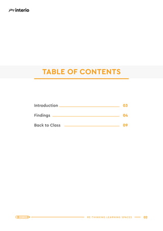 RE-THINKING LEARNING SPACES 02
Introduction							03
Findings								04
Back to Class							09
TABLE OF CONTENTS
 