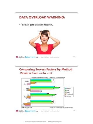 Copyright© Agile Transformation Inc | www.AgileTraining.com
8/26/2014
Copyright(c) Agile Transformation Inc.
DATA OVERLOAD WARNING!
• This next part will likely result in..
37
Copyright(c) Agile Transformation Inc.
Comparing Success Factors by Method
(Scale is from -10 to +10).
38
 
