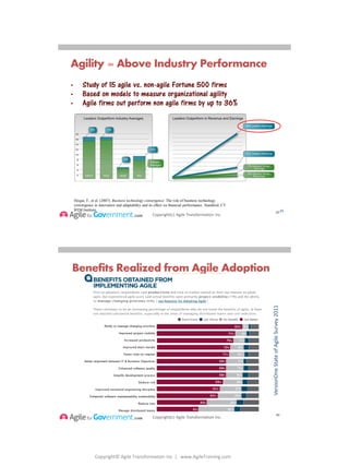 Copyright© Agile Transformation Inc | www.AgileTraining.com
8/26/2014
Copyright(c) Agile Transformation Inc.
Hoque, F., et al. (2007). Business technology convergence. The role of business technology
convergence in innovation and adaptability and its effect on financial performance. Stamford, CT:
BTM Institute. 45
• Study of 15 agile vs. non-agile Fortune 500 firms
• Based on models to measure organizational agility
• Agile firms out perform non agile firms by up to 36%
Agility = Above Industry Performance
45
Copyright(c) Agile Transformation Inc.
Benefits Realized from Agile Adoption
46
VersionOneStateofAgileSurvey2011
 