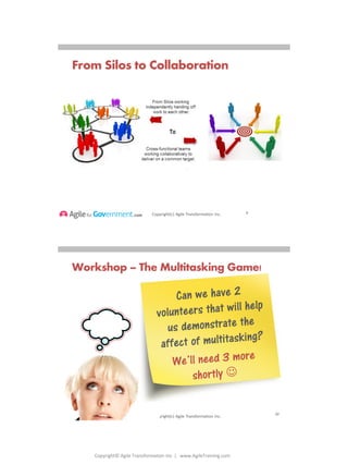 Copyright© Agile Transformation Inc | www.AgileTraining.com
8/26/2014
Copyright(c) Agile Transformation Inc.
From Silos to Collaboration
9
Copyright(c) Agile Transformation Inc.
Workshop – The Multitasking Game!
10
 