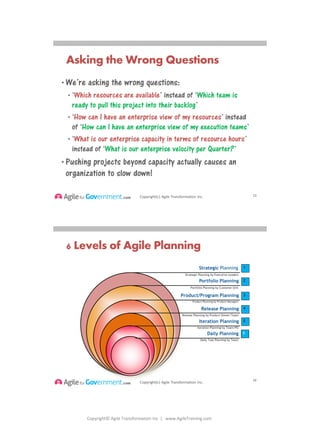 Copyright© Agile Transformation Inc | www.AgileTraining.com
8/26/2014
Copyright(c) Agile Transformation Inc.
Asking the Wrong Questions
• We’re asking the wrong questions:
• ‘Which resources are available’ instead of ‘Which team is
ready to pull this project into their backlog’
• ‘How can I have an enterprise view of my resources’ instead
of ‘How can I have an enterprise view of my execution teams’
• ‘What is our enterprise capacity in terms of resource hours’
instead of ‘What is our enterprise velocity per Quarter?’
• Pushing projects beyond capacity actually causes an
organization to slow down!
13
Copyright(c) Agile Transformation Inc.
1
2
3
4
5
Strategic Planning
Strategic Planning by Executive Leaders
Portfolio Planning
Portfolio Planning by Customer Unit
Product/Program Planning
Product Planning by Product Managers
Release Planning
Release Planning by Product Owner/Team
Iteration Planning
Iteration Planning by Team/PO
6 Levels of Agile Planning
6Daily Planning
Daily Task Planning by Team
14
 