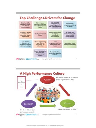 Copyright© Agile Transformation Inc | www.AgileTraining.com
8/26/2014
Copyright(c) Agile Transformation Inc.
Top Challenges/Drivers for Change
5
Silos, handoffs,
heavy processes,
lack of trust/
communication
Planning and
estimating methods
setup the project for
failure
Gov contracts
attempt to fix
everything upfront
and mandate heavy
processes
Slow time to
completion, too long
to deliver
Inherited a tangled
mess of non-
integrated legacy
applications
Quality and rework
issues
Missing, incomplete,
changing,
ambiguous
requirements
No value/ ROI
measurement, only
focus on cost
measurement
Lack of clear
direction, no
engaged customer,
wasteful meetings
Heavy engineering
and testing
processes, no
automation
Lack of
empowerment, low
engagement and
morale
Specialized roles,
‘not my task’ thinking
Testing occurs at the
end (too late)
resulting in many
defects
Overproduction,
working on wasteful
features
Copyright(c) Agile Transformation Inc.
A High Performance Culture
6
Who are we and how do we behave?
What is important now? Why?
Can we stay focused till ‘Done’?How do we deliver value
and measure success?
Clarity
FocusExecution
 