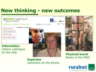 New thinking - new outcomes Information Library catalogue on the web Expertise Librarians on the phone Physical/social Books in the MSO 