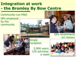 Integration at work - the Bromley By Bow Centre GPs employed by the community Community-run MSO GPs recommend art classes Single reception 2,000 users, 125 activities  a week 