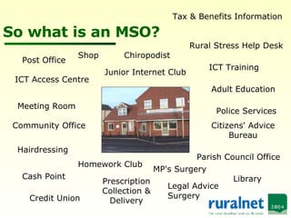 So what is an MSO? Post Office ICT Access Centre Meeting Room Community Office ICT Training Adult Education Police Services Citizens' Advice Bureau Library Legal Advice Surgery Prescription Collection & Delivery Hairdressing Credit Union Homework Club MP's Surgery Junior Internet Club Rural Stress Help Desk Chiropodist Tax & Benefits Information Parish Council Office Cash Point Shop 