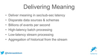 @helenaedelson
Delivering Meaning
• Deliver meaning in sec/sub-sec latency
• Disparate data sources & schemas
• Billions of events per second
• High-latency batch processing
• Low-latency stream processing
• Aggregation of historical from the stream
10
 