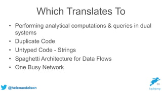 @helenaedelson
Which Translates To
• Performing analytical computations & queries in dual
systems
• Duplicate Code
• Untyped Code - Strings
• Spaghetti Architecture for Data Flows
• One Busy Network
39
 