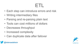 @helenaedelson
ETL
• Each step can introduce errors and risk
• Writing intermediary files
• Parsing and re-parsing plain text
• Tools can cost millions of dollars
• Decreases throughput
• Increased complexity
• Can duplicate data after failover
44
 