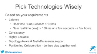 @helenaedelson
Pick Technologies Wisely
Based on your requirements
• Latency
• Real time / Sub-Second: < 100ms
• Near real time (low): > 100 ms or a few seconds - a few hours
• Consistency
• Highly Scalable
• Topology-Aware & Multi-Datacenter support
• Partitioning Collaboration - do they play together well
53
 