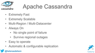 @helenaedelson
Apache Cassandra
• Extremely Fast
• Extremely Scalable
• Multi-Region / Multi-Datacenter
• Always On
• No single point of failure
• Survive regional outages
• Easy to operate
• Automatic & configurable replication
66
 