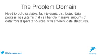 @helenaedelson
The Problem Domain
Need to build scalable, fault tolerant, distributed data
processing systems that can handle massive amounts of
data from disparate sources, with different data structures.
7
 
