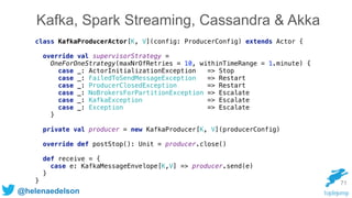 @helenaedelson
class KafkaProducerActor[K, V](config: ProducerConfig) extends Actor { 
 
override val supervisorStrategy = 
OneForOneStrategy(maxNrOfRetries = 10, withinTimeRange = 1.minute) { 
case _: ActorInitializationException => Stop 
case _: FailedToSendMessageException => Restart
case _: ProducerClosedException => Restart
case _: NoBrokersForPartitionException => Escalate
case _: KafkaException => Escalate 
case _: Exception => Escalate 
}
 
private val producer = new KafkaProducer[K, V](producerConfig) 
 
override def postStop(): Unit = producer.close()
 
def receive = { 
case e: KafkaMessageEnvelope[K,V] => producer.send(e) 
} 
} 71
Kafka, Spark Streaming, Cassandra & Akka
 