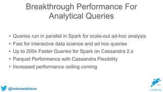 @helenaedelson
Breakthrough Performance For
Analytical Queries
• Queries run in parallel in Spark for scale-out ad-hoc analysis
• Fast for interactive data science and ad hoc queries
• Up to 200x Faster Queries for Spark on Cassandra 2.x
• Parquet Performance with Cassandra Flexibility
• Increased performance ceiling coming
91
 