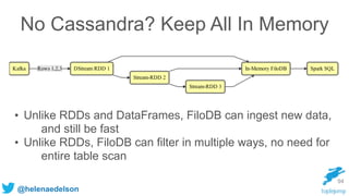 @helenaedelson
No Cassandra? Keep All In Memory
94
• Unlike RDDs and DataFrames, FiloDB can ingest new data,
and still be fast
• Unlike RDDs, FiloDB can filter in multiple ways, no need for
entire table scan
 