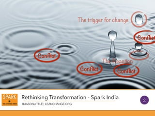 Rethinking Transformation - Spark India
@JASONLITTLE | LEANCHANGE.ORG
The Reaction
The trigger for change
Conflict
Conflict
Conflict
Conflict
2
 
