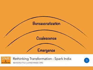 Rethinking Transformation - Spark India
@JASONLITTLE | LEANCHANGE.ORG
Emergence
Coalescence
Bureaucratization
3
 
