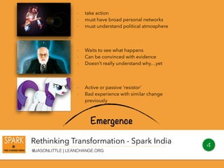 Rethinking Transformation - Spark India
@JASONLITTLE | LEANCHANGE.ORG
4
Emergence
- take action
- must have broad personal networks
- must understand political atmosphere
- Waits to see what happens
- Can be convinced with evidence
- Doesn’t really understand why…yet
- Active or passive ‘resistor’
- Bad experience with similar change
previously
 