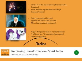 Rethinking Transformation - Spark India
@JASONLITTLE | LEANCHANGE.ORG
4
Decline
- Opts out of the organization (Repression/Co-
Optation)
- Finds another organization to change
(Success/Failure)
- Sinks into routine (Success)
- Ignores the new norms (Failure)
- Meh…(co-optation/repression)
- Happy things are ‘back to normal’ (failure)
- “I told you so…” (co-optation/repression)
- Opts out (success)
 