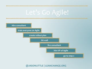 @JASONLITTLE	|	LEANCHANGE.ORG
Let’s	Go	Agile!
Hire	consultant
train	everyone	on	Agile
create	rollout	plan
hit	wall
ﬁre	consultant
hire	VP	of	Agile
go	to	step	2
 