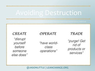 @JASONLITTLE	|	LEANCHANGE.ORG
Avoiding	Destruction
CREATE OPERATE TRADE
http://www.innosight.com/innovation-resources/stra...