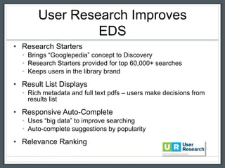 User Research Improves
EDS
• Research Starters
• Brings “Googlepedia” concept to Discovery
• Research Starters provided for top 60,000+ searches
• Keeps users in the library brand
• Result List Displays
• Rich metadata and full text pdfs – users make decisions from
results list
• Responsive Auto-Complete
• Uses “big data” to improve searching
• Auto-complete suggestions by popularity
• Relevance Ranking
 