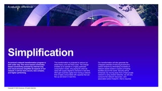 Copyright © 2022 Accenture. All rights reserved
A valuable difference
Simplification
Accenture’s network transformation program is
well under way. This move toward commodity-
based connectivity powered by internet-only
and cloud services simplifies all aspects of our
network. It will be more secure, less complex,
and higher performing.
The transformation is projected to reduce our
asset-heavy core and fixed costs. The change
enables us to operate in a highly optimized
consumption model, only paying for what we
need with supply aligned to demand in real time.
We’ll gain business agility from having a network
that is highly consumable with capacity that can
flex up and down in real time.
Our transformation will also generate the
untapped potential of reducingAccenture’s
carbon footprint by eliminating hundreds of
network assets hosted in dozens of hosting
facilities around the world. Security will be
enhanced. By moving away from a fixed private
network to using shared networks, we will only
consume the network resources—and
associated carbon footprint—that is required.
 
