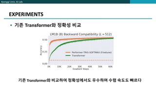 Kyonggi Univ. AI Lab.
EXPERIMENTS
 기존 Transformer와 정확성 비교
기존 Transformer와 비교하여 정확성에서도 우수하며 수렴 속도도 빠르다
 