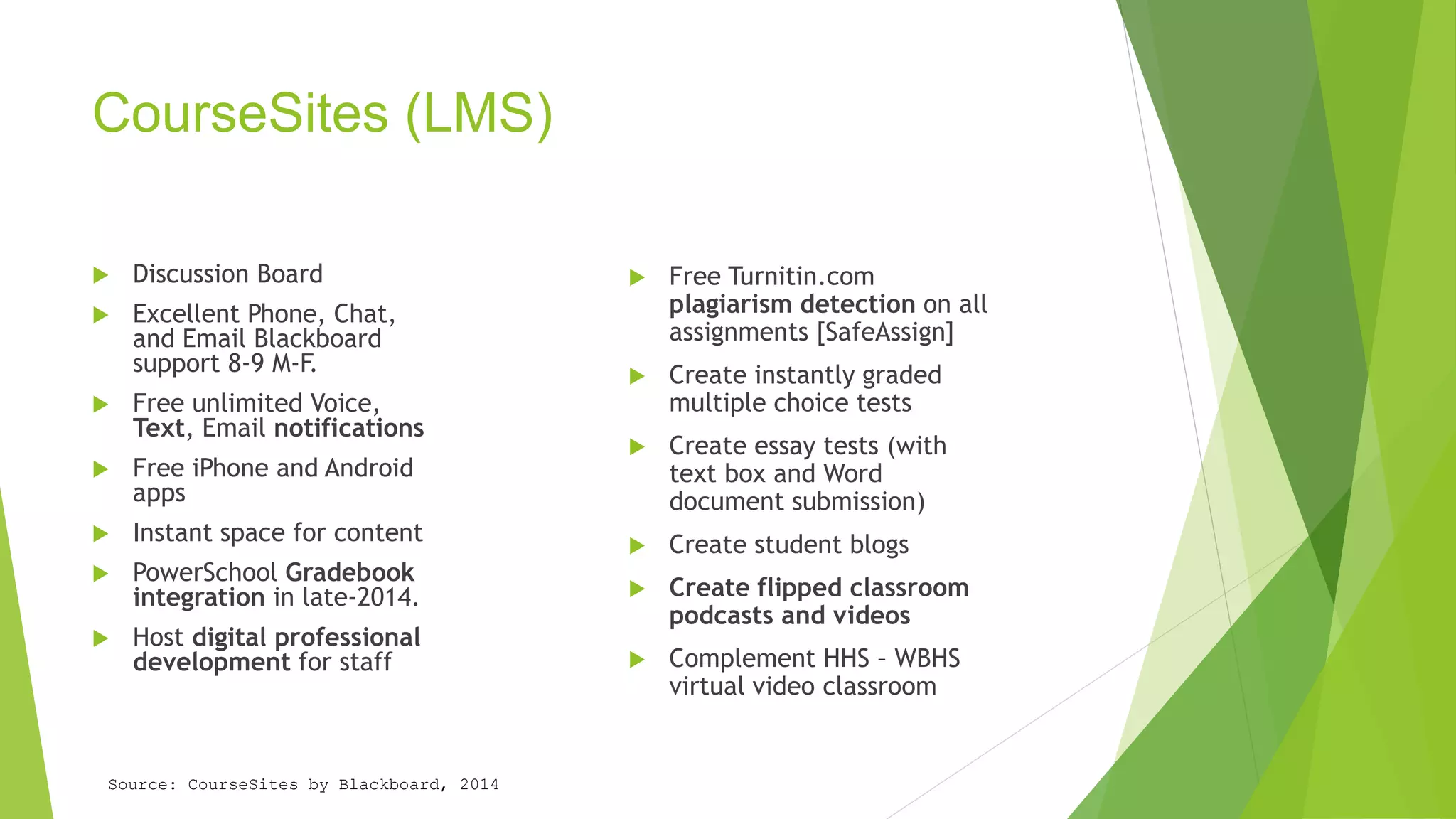 CourseSites (LMS) 
 Discussion Board 
 Excellent Phone, Chat, 
and Email Blackboard 
support 8-9 M-F. 
 Free unlimited Voice, 
Text, Email notifications 
 Free iPhone and Android 
apps 
 Instant space for content 
 PowerSchool Gradebook 
integration in late-2014. 
 Host digital professional 
development for staff 
 Free Turnitin.com 
plagiarism detection on all 
assignments [SafeAssign] 
 Create instantly graded 
multiple choice tests 
 Create essay tests (with 
text box and Word 
document submission) 
 Create student blogs 
 Create flipped classroom 
podcasts and videos 
 Complement HHS – WBHS 
virtual video classroom 
Source: CourseSites by Blackboard, 2014 
 