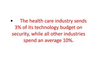 • The health care industry sends
3% of its technology budget on
security, while all other industries
spend an average 10%.
 