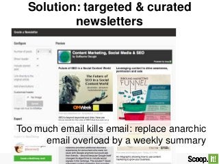 Solution: targeted & curated
newsletters
Too much email kills email: replace anarchic
email overload by a weekly summary
 