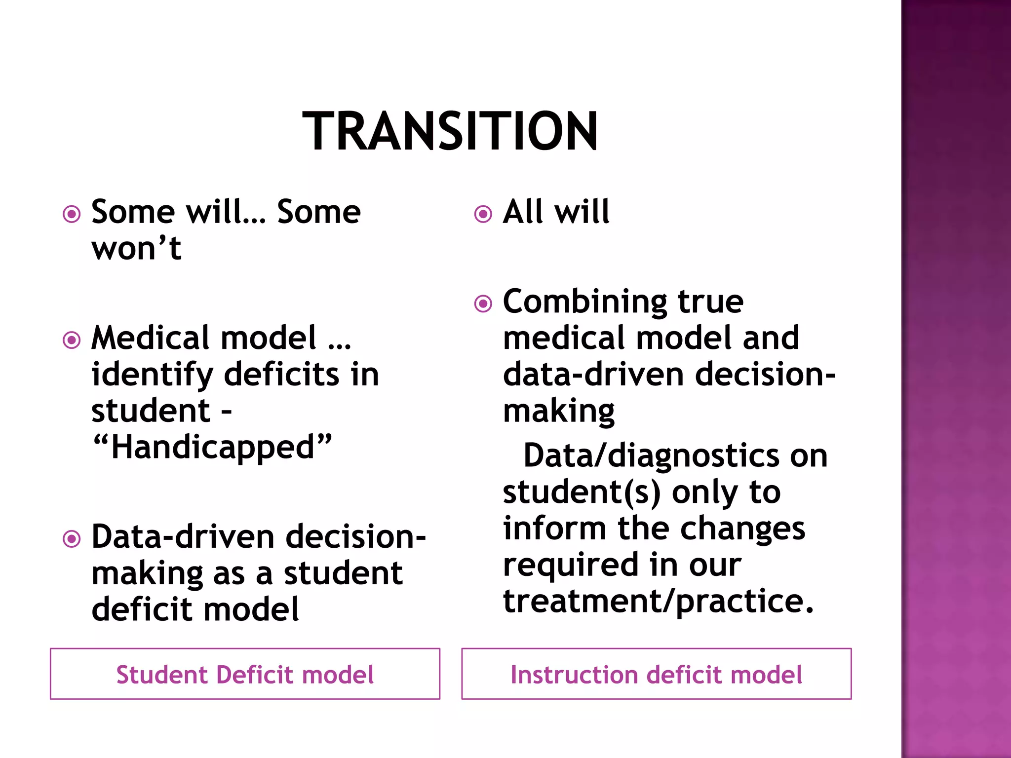    Some will… Some             All will
    won’t
                                Combining true
   Medical model …              medical model and
    identify deficits in         data-driven decision-
    student –                    making
    “Handicapped”                  Data/diagnostics on
                                 student(s) only to
   Data-driven decision-        inform the changes
    making as a student          required in our
    deficit model                treatment/practice.

     Student Deficit model       Instruction deficit model
 