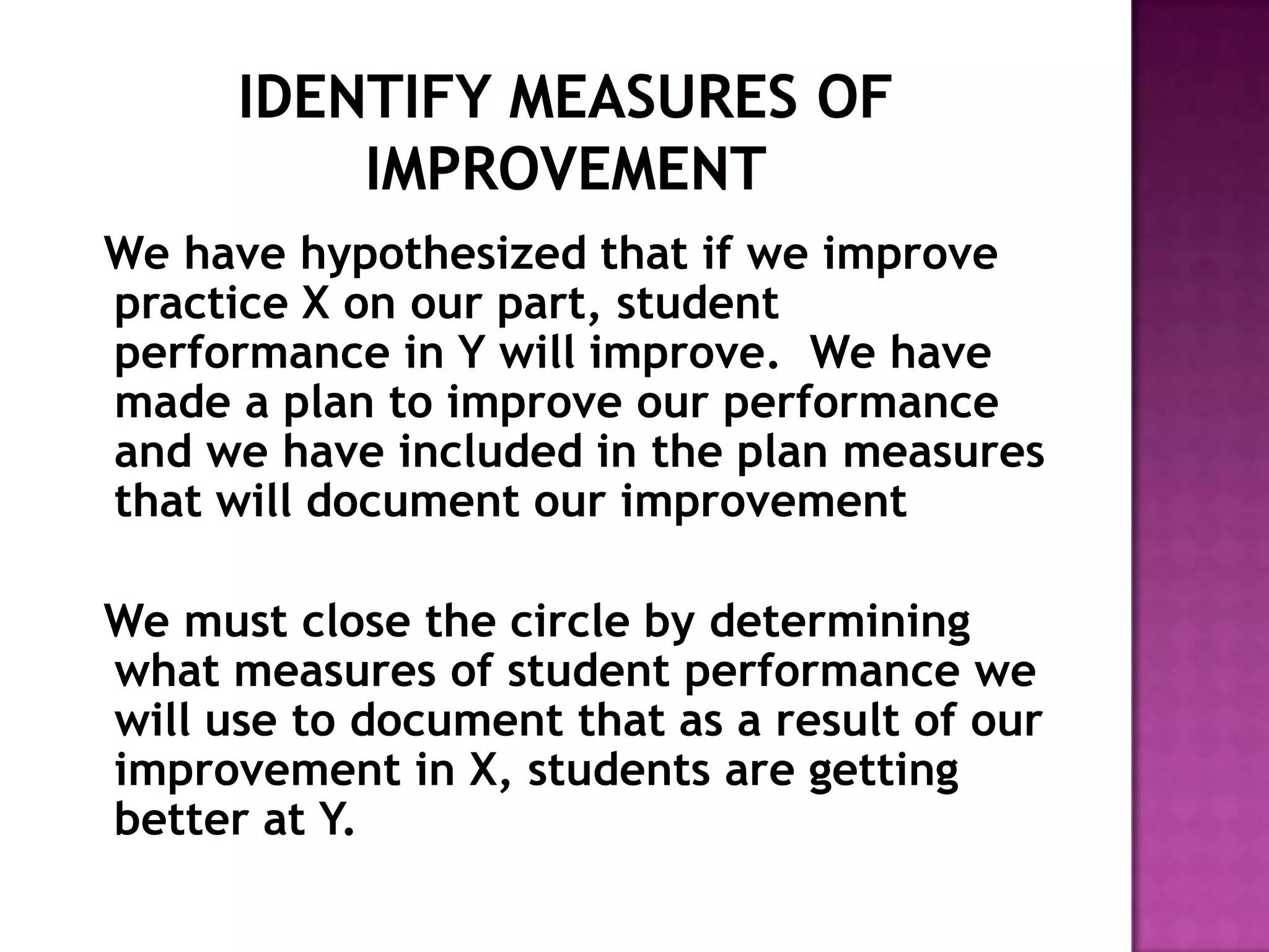We have hypothesized that if we improve
practice X on our part, student
performance in Y will improve. We have
made a plan to improve our performance
and we have included in the plan measures
that will document our improvement

We must close the circle by determining
what measures of student performance we
will use to document that as a result of our
improvement in X, students are getting
better at Y.
 