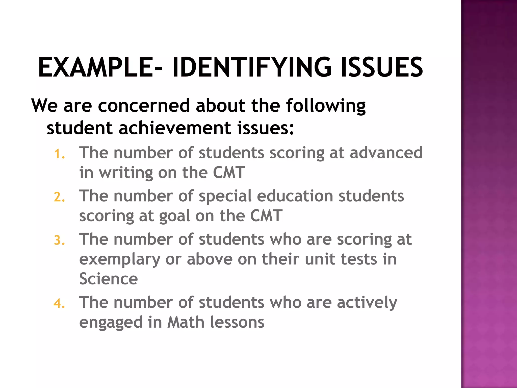 We are concerned about the following
 student achievement issues:
  1.   The number of students scoring at advanced
       in writing on the CMT
  2.   The number of special education students
       scoring at goal on the CMT
  3.   The number of students who are scoring at
       exemplary or above on their unit tests in
       Science
  4.   The number of students who are actively
       engaged in Math lessons
 