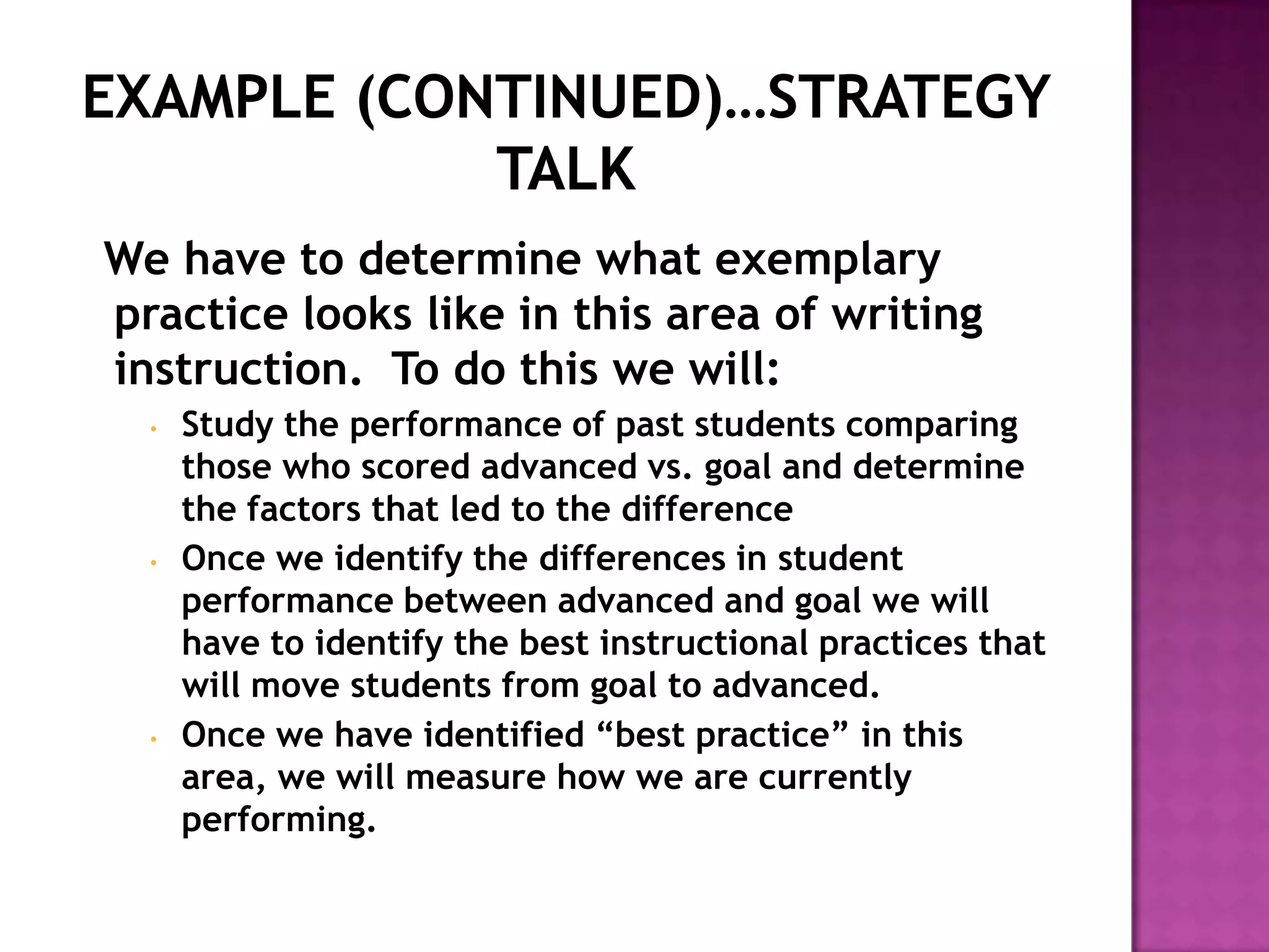 We have to determine what exemplary
practice looks like in this area of writing
instruction. To do this we will:
  •   Study the performance of past students comparing
      those who scored advanced vs. goal and determine
      the factors that led to the difference
  •   Once we identify the differences in student
      performance between advanced and goal we will
      have to identify the best instructional practices that
      will move students from goal to advanced.
  •   Once we have identified “best practice” in this
      area, we will measure how we are currently
      performing.
 
