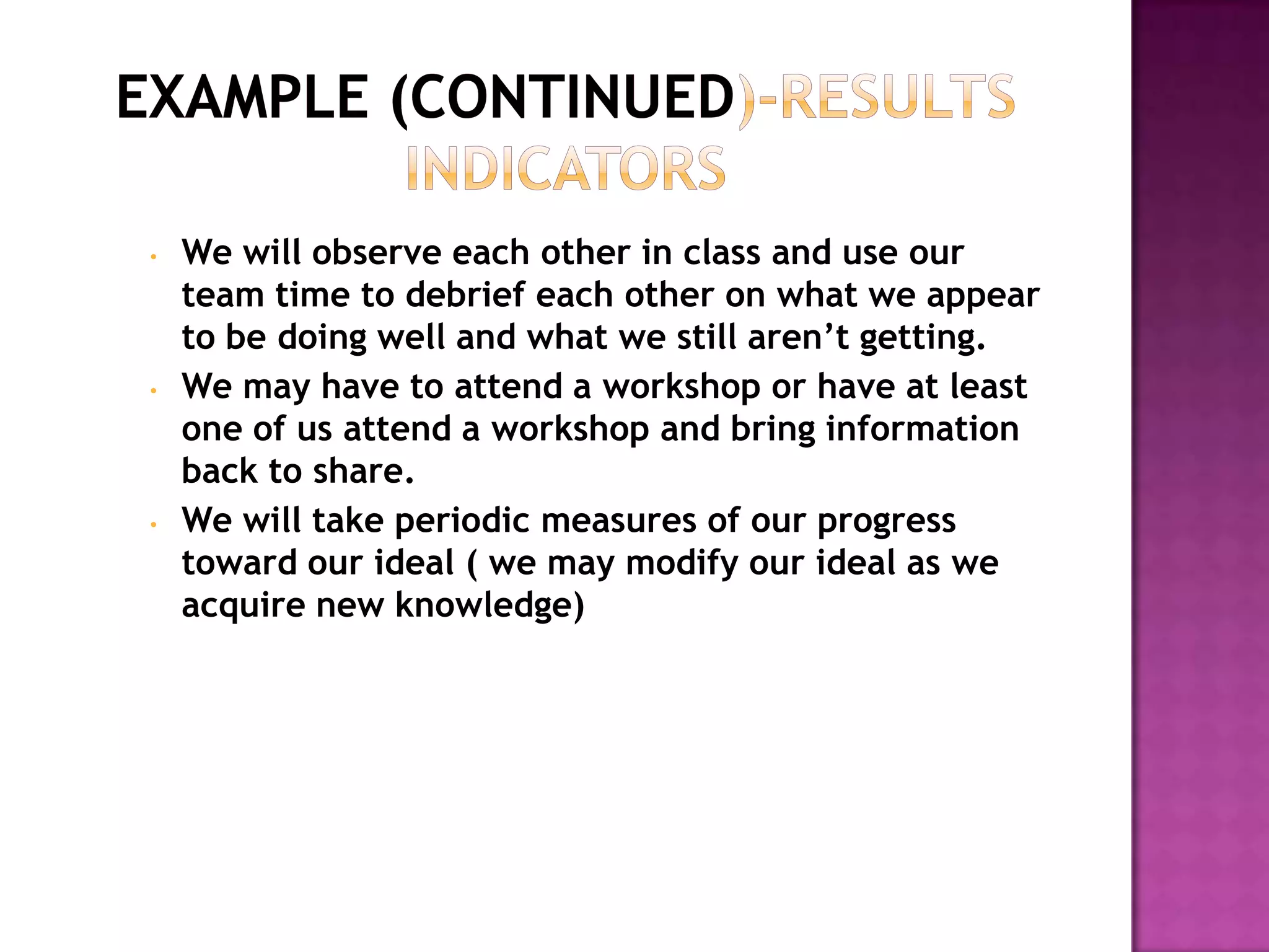 •   We will observe each other in class and use our
    team time to debrief each other on what we appear
    to be doing well and what we still aren’t getting.
•   We may have to attend a workshop or have at least
    one of us attend a workshop and bring information
    back to share.
•   We will take periodic measures of our progress
    toward our ideal ( we may modify our ideal as we
    acquire new knowledge)
 