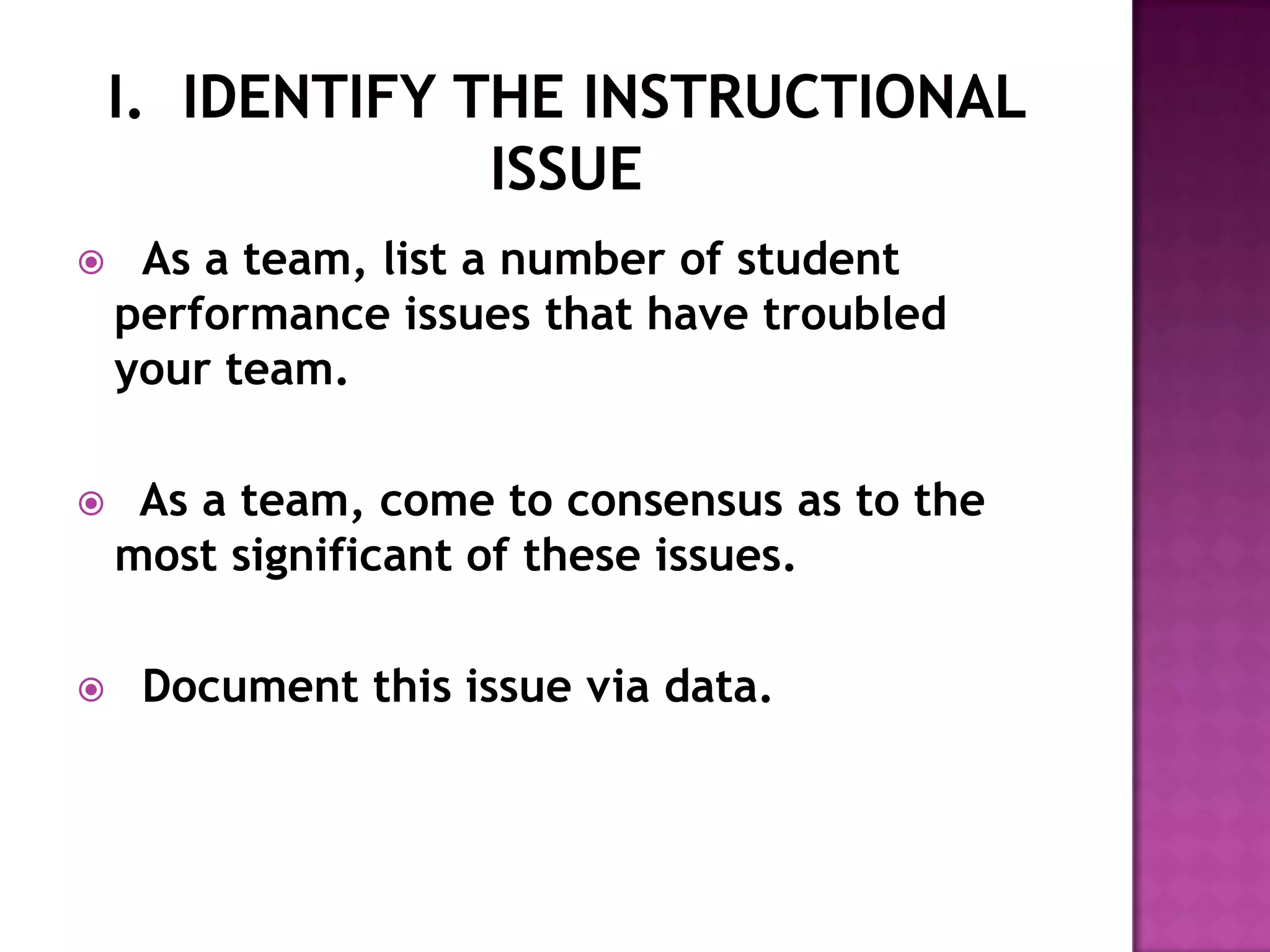     As a team, list a number of student
    performance issues that have troubled
    your team.

    As a team, come to consensus as to the
    most significant of these issues.

    Document this issue via data.
 