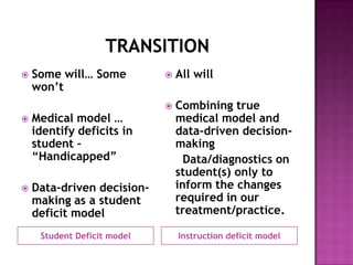    Some will… Some             All will
    won’t
                                Combining true
   Medical model …              medical model and
    identify deficits in         data-driven decision-
    student –                    making
    “Handicapped”                  Data/diagnostics on
                                 student(s) only to
   Data-driven decision-        inform the changes
    making as a student          required in our
    deficit model                treatment/practice.

     Student Deficit model       Instruction deficit model
 