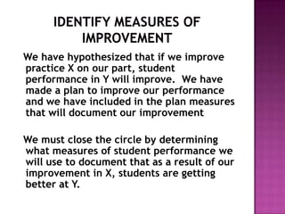 We have hypothesized that if we improve
practice X on our part, student
performance in Y will improve. We have
made a plan to improve our performance
and we have included in the plan measures
that will document our improvement

We must close the circle by determining
what measures of student performance we
will use to document that as a result of our
improvement in X, students are getting
better at Y.
 
