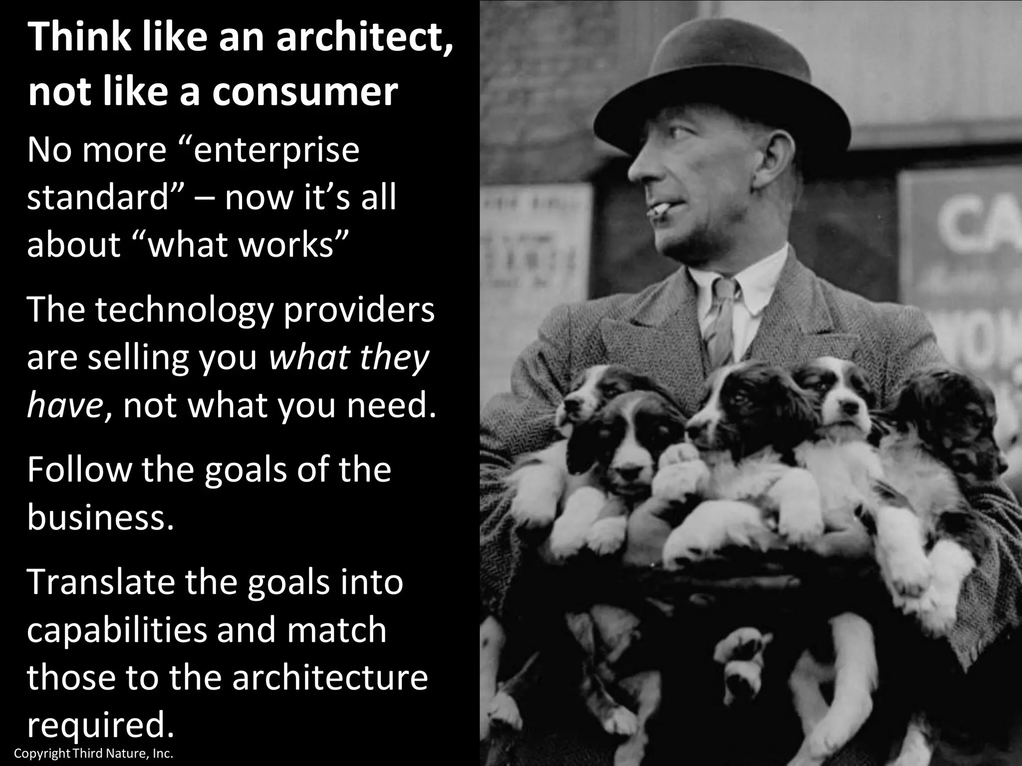 CopyrightThird Nature, Inc.
Think like an architect,
not like a consumer
No more “enterprise
standard” – now it’s all
about “what works”
The technology providers
are selling you what they
have, not what you need.
Follow the goals of the
business.
Translate the goals into
capabilities and match
those to the architecture
required.
 