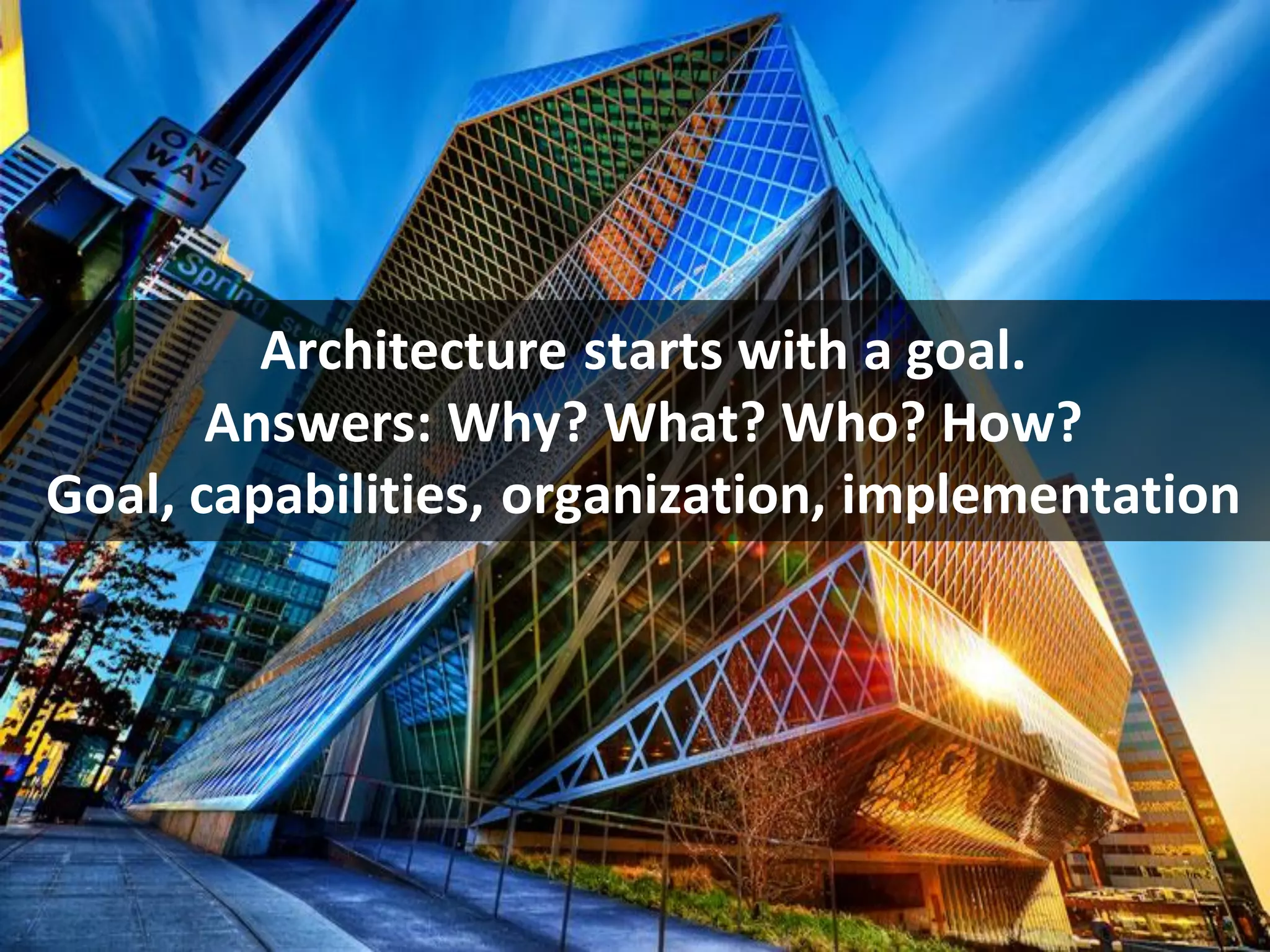CopyrightThird Nature, Inc.
Architecture starts with a goal.
Answers: Why? What? Who? How?
Goal, capabilities, organization, implementation
 
