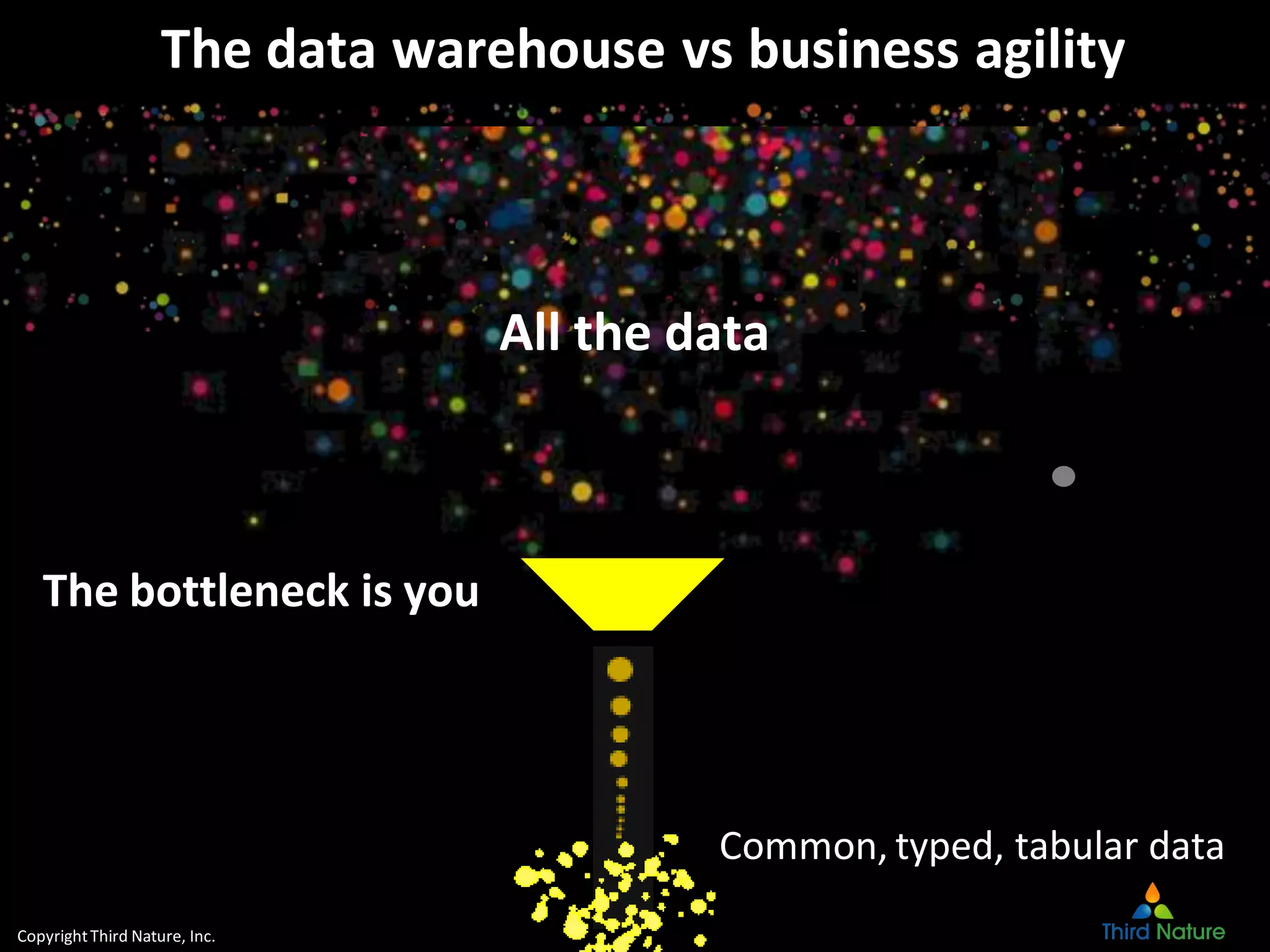 CopyrightThird Nature, Inc.
The data warehouse vs business agility
All the data
Common, typed, tabular data
The bottleneck is you
 