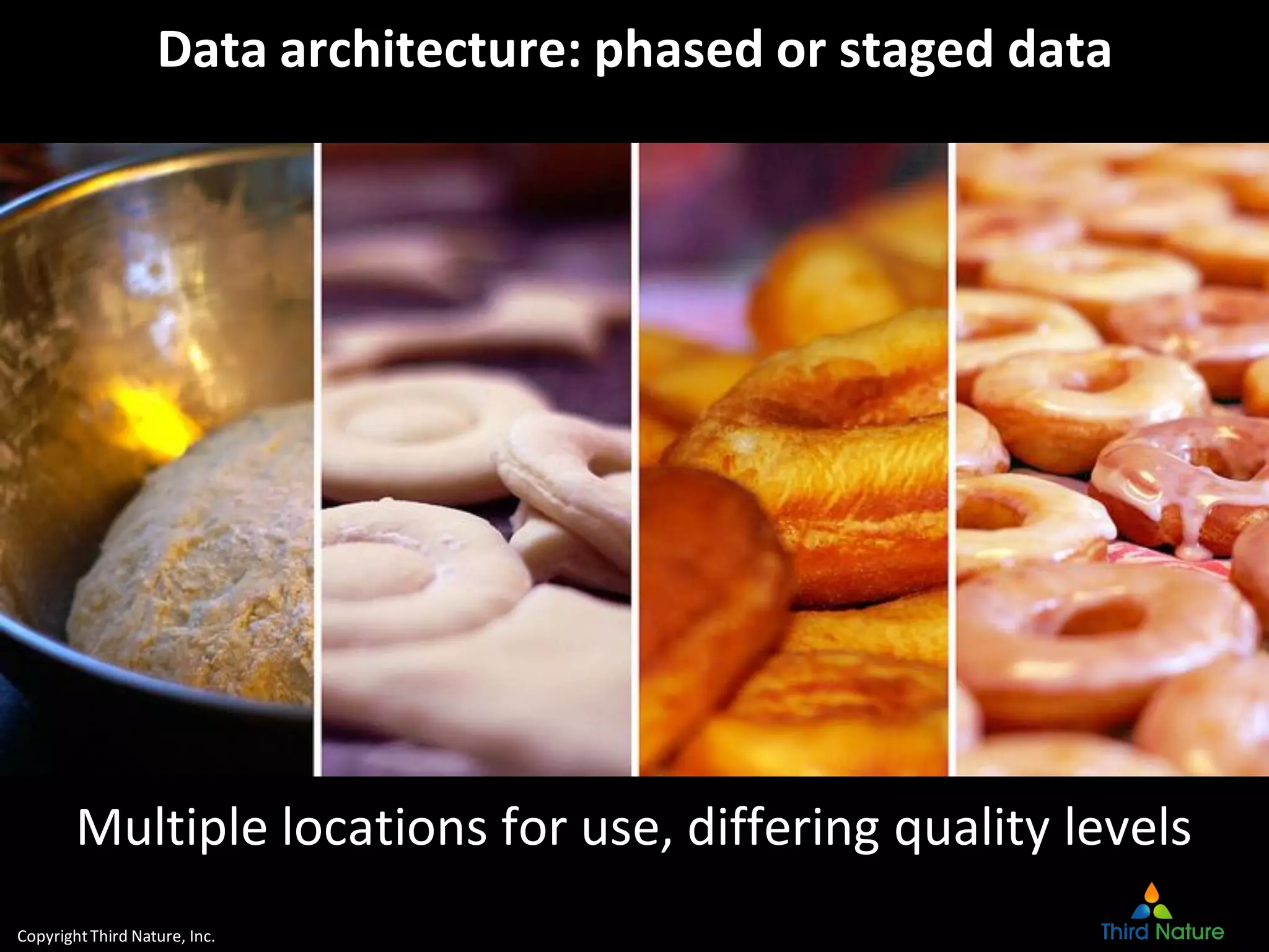 CopyrightThird Nature, Inc.
Data architecture: phased or staged data
Multiple locations for use, differing quality levels
 