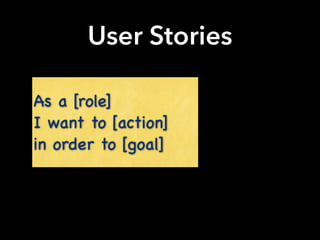 User Stories
As a [role]

I want to [action]

in order to [goal]
 