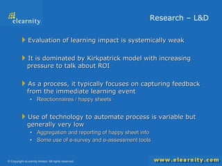 Research – L&D Evaluation of learning impact is systemically weak It is dominated by Kirkpatrick model with increasing pressure to talk about ROI As a process, it typically focuses on capturing feedback from the immediate learning event  Reactionnaires / happy sheets Use of technology to automate process is variable but generally very low Aggregation and reporting of happy sheet info Some use of e-survey and e-assessment tools 